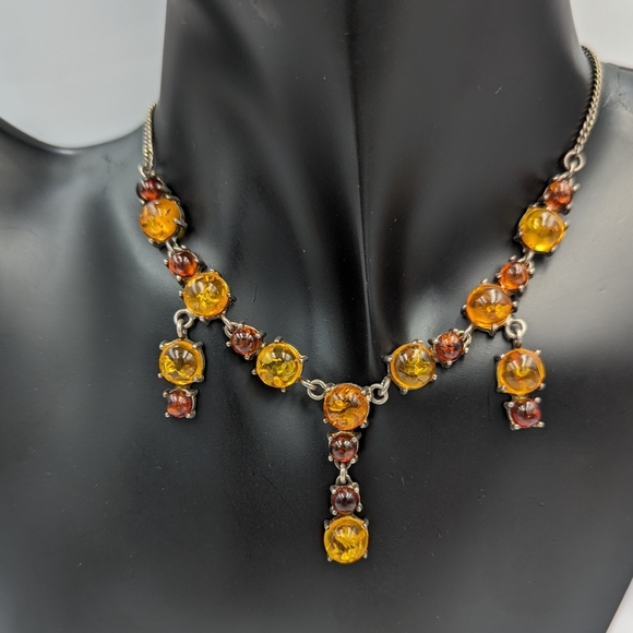 Beautiful Elegant Two tone BALTIC Amber Sterling Silver Dangles Necklace 16" lng - Picture 2 of 13